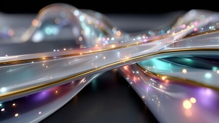 Futuristic holographic grid with glowing data bridges, chrome reflections, and streaming light nodes connecting two digital layers in cinematic depth