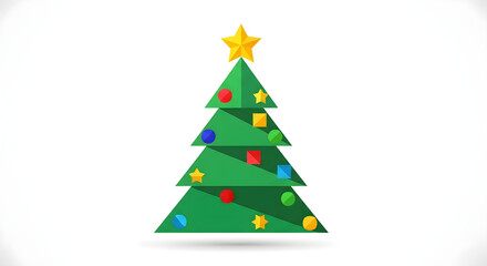 <Stylized green Christmas tree with a gold star, multicolored ornaments and a plain white background>