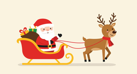 Cheerful Santa Claus riding a sleigh pulled and reindeer filled with Christmas gifts.