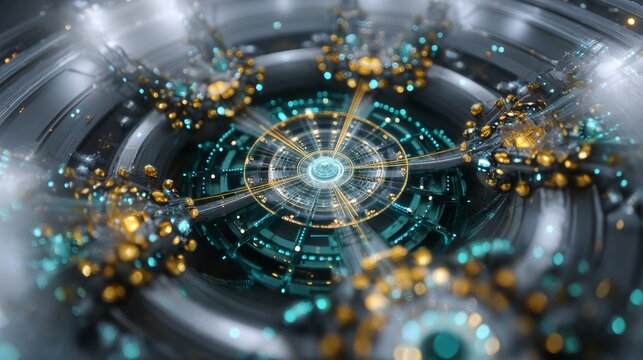 Futuristic fractal core radiating geometric energy with luminous symmetry, digital depth, and teal gold glow representing advanced technology and infinite creation