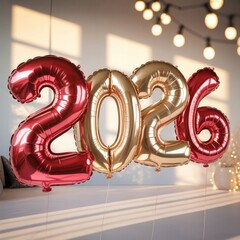 "Gold and Red 2026 Foil Balloons Decoration – Elegant New Year Celebration and Festive Party Inspiration"