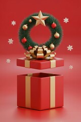 Christmas Surprise, Magic Concept: 3D of an Open Red Gift Box with Wreath, Lid Floating Above. Festive Holiday Marketing Template. Vertical Banner, Mobile Promotion. Celebration Background. Copy Space