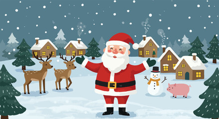 Cheerful Santa Claus with Reindeer and Snowman in Snowy Village Scene.