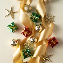 "Elegant Christmas Decorations with Golden Ribbon, Mini Gifts, and Ornaments – Festive Holiday Flat Lay Design"