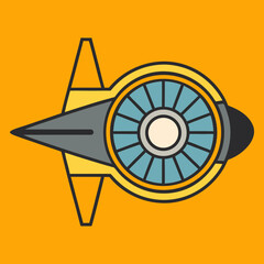 Stylized retro futuristic spaceship with a jet engine and sharp nose on orange background