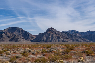 Funeral Mountains, a subrange of the Amargosa Range that form the eastern wall of Death Valley. California State Route 190.  Mojave Desert / Basin and Range Province.  Furnace Creek Fault, Walker Lane
