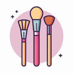 A trio of stylized makeup brushes with a soft pink circular background and decorative plus signs