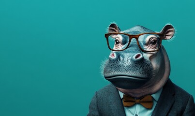 Hippo wearing glasses and a suit, embodying an office style or business look, set against a teal background. This playful yet professional image captures a whimsical approach, Generative AI