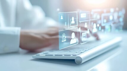 Hands typing on keyboard with holographic social network icons, representing global communication and business networking. - Powered by Adobe