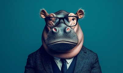Hippo wearing glasses and a suit, embodying an office style or business look, set against a teal background. This playful yet professional image captures a whimsical approach, Generative AI