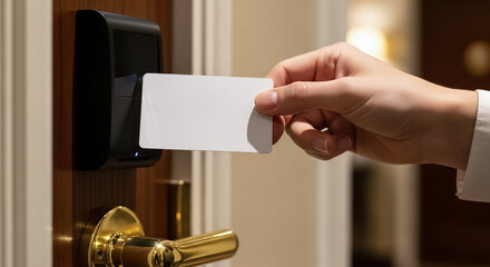 ビジネスホテル・ホテルのドアをカードキーで解錠・施錠する手元