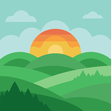 Vibrant sunrise over rolling green hills and soft clouds in a stylized landscape