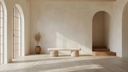 Minimal abstract interior background with white walls and wooden floor, offering a clean and versatile space for design or product presentations. This mockup is perfect for modern, Generative AI