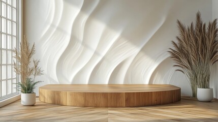 Minimal abstract interior background with white walls and wooden floor, offering a clean and versatile space for design or product presentations. This mockup is perfect for modern, Generative AI