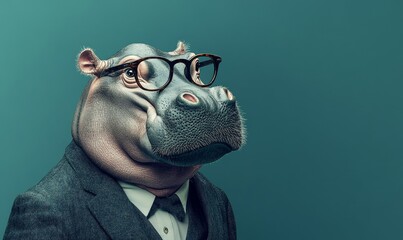 Hippo wearing glasses and a suit, embodying an office style or business look, set against a teal background. This playful yet professional image captures a whimsical approach, Generative AI