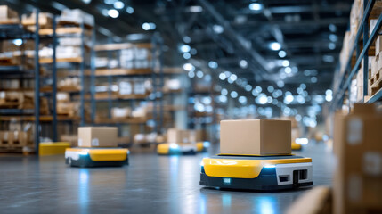 Autonomous mobile robot carrying cardboard box in modern automated warehouse with shelving and robotic fleet delivering packages