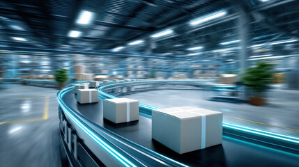 Fototapeta premium Fast moving conveyor belt with multiple cardboard box packages in large modern warehouse creating dynamic motion and efficiency