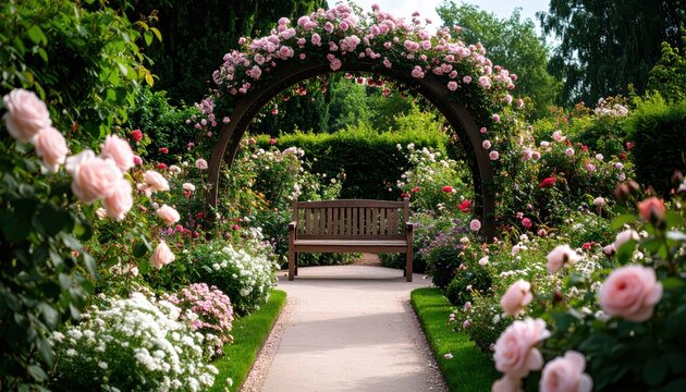 Romantic rose garden scene with arched trellis and a classic wooden bench