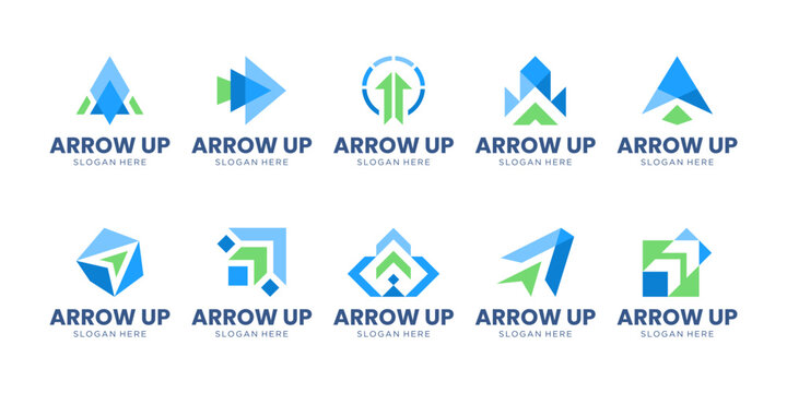 Set of modern minimal arrow logo. geometric arrow shape with abstract overlap style. Usable for business and financial logo. Vector logo design template element.