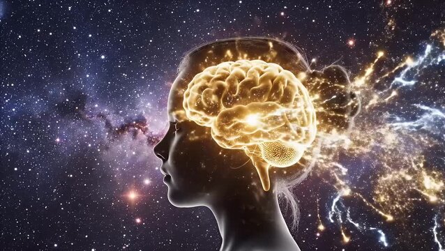 Conceptual art showing a woman's profile with a glowing brain, symbolizing creativity, intelligence, and universal consciousness
