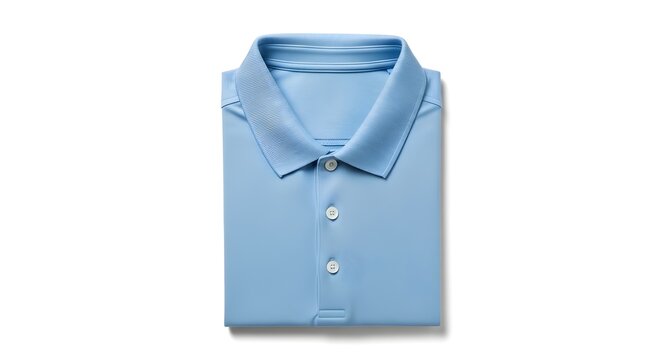 Folded light sky blue polo shirt with buttoned placket and crisp collar on a clean white background