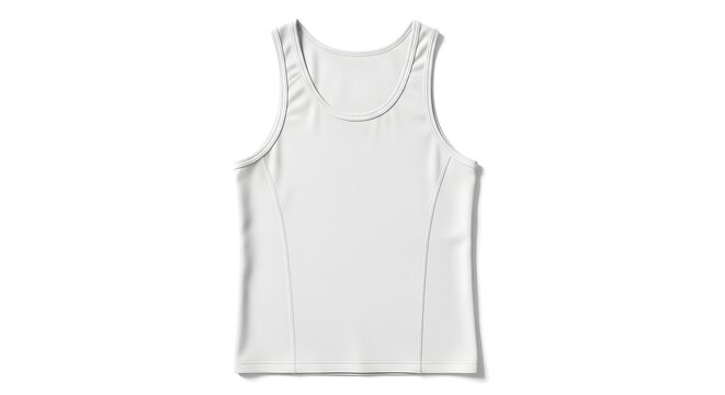 Flat lay of a plain white sleeveless tank top with rounded neckline on a white background for photo