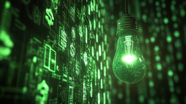 Illuminated lightbulb against digital code background. Possible use Stock photo for technology, innovation, creativity, ideas