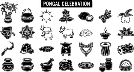 Detailed set of black and white outline icons representing various elements and traditions of the Pongal harvest festival celebration in Tamil Nadu, India.