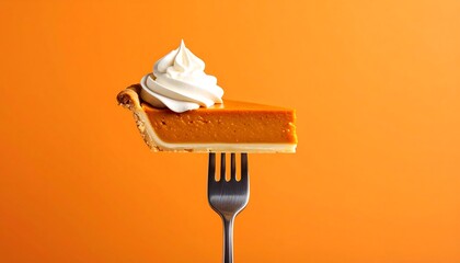 A Slice of Pumpkin Pie on a Fork with Whipped Cream.
