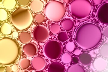 Vibrant circular bubbles in pink, gold, and red hues create a glossy abstract pattern with fluid reflections and soft gradients, ideal for modern and creative visual designs.