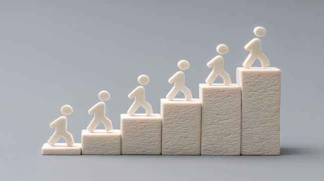 Concept of teamwork and growth illustrated with figures climbing blocks in a stepwise fashion on a gray background, representing progress and collaboration