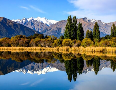 Scenic landscape with snow-capped mountains reflected in serene lake