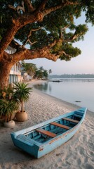 Obraz premium Tranquil Beach Scene With Blue Wooden Rowboat Under Illuminated Tree and Calm Water In The Morning Light