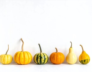 Colorful Variety of Gourds on White Background for Fall Decor.