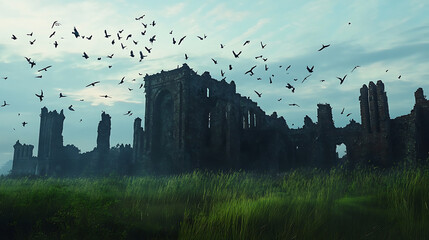 Dilapidated stone fortress with soaring birds under cloudy sky