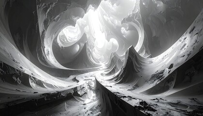 Abstract, grayscale image depicting a surreal, cavernous landscape