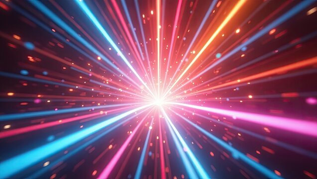 Radiant streaks of light burst from a central point, creating a mesmerizing display of colorful energy, showcasing gradients in shades of orange, pink, blue, and red against a dark background,...
