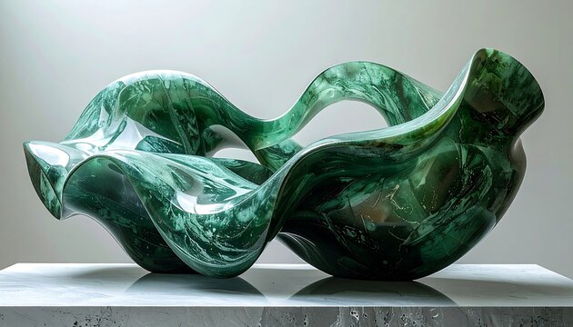 Abstract green, swirling sculpture on a marble surface