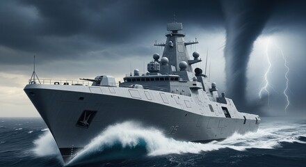 Warship Navigating Stormy Seas with Tornado and Lightning Strikes in the Background