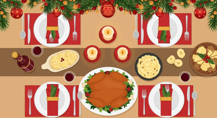 Festive Christmas dinner table setting overhead view of holiday meal with turkey and decorations vector illustration for greeting cards and invitations