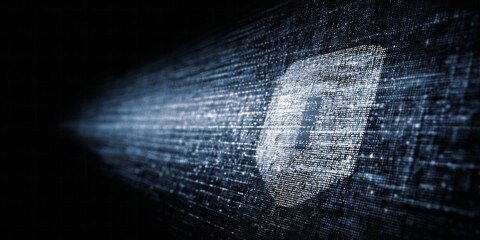 Digital shield made of glowing data stream protects against cyberspace threats.