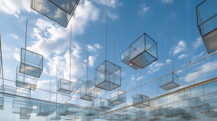 A series of transparent, floating glass boxes suspended in the air against a backdrop of a partly cloudy sky.