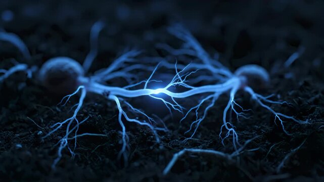 Fungal Network Spreading Across Soil Connect Two Seedlings Animation