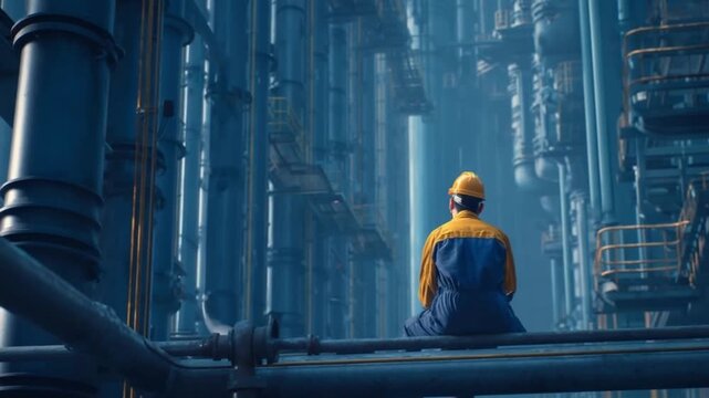 Industrial Reflection: A solitary worker, clad in a safety helmet and work attire, sits amidst the towering infrastructure of a large industrial complex.