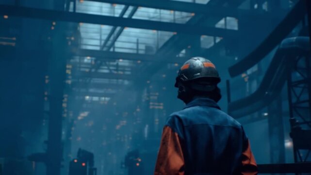 Industrial Vista: A worker, head and shoulders clad in work attire, contemplates the vastness of the industrial site, pipes and machinery hinting at the processes within.