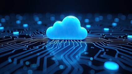 Glowing digital cloud icon resting upon an integrated circuit board, symbolizing data storage and technology infrastructure, with a sleek design and cool blue lighting against a dark background,...