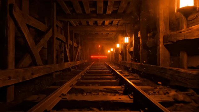 Moving Through Wooden Mine Shaft Tunnel With Railroad Track and Lanterns