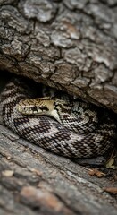 Obraz premium Wild patterned snake perfectly camouflaged in tree bark.