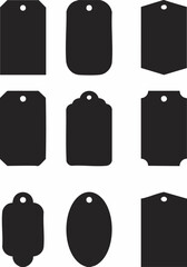 Tag Silhouette Vector Set — Black Label Icons in 3×3 Grid Featuring Rectangular, Oval, and Ornate Shapes for Design Use