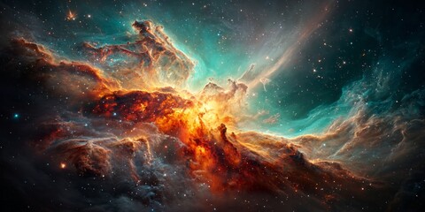 Fototapeta premium Celestial gas clouds glow with brilliant orange and turquoise light in deep space.